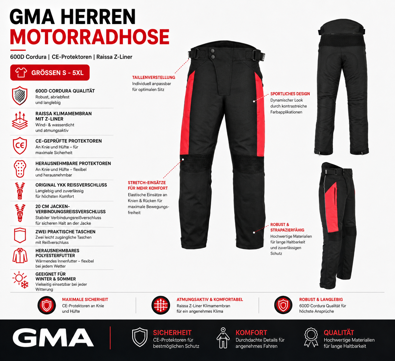 Premium Herren Motorradhose Schwarz Rot mit Protektoren