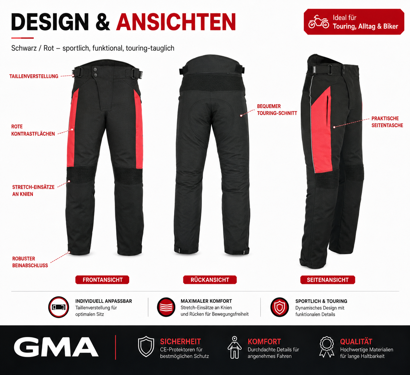 Premium Herren Motorradhose Schwarz Rot mit Protektoren