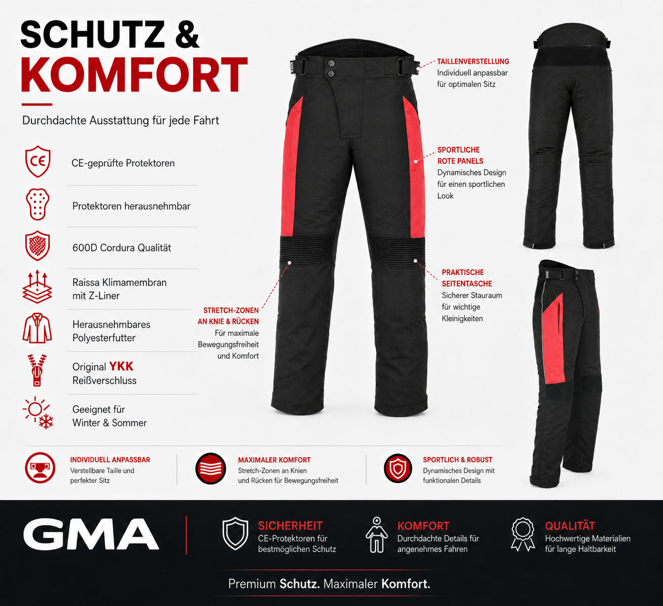 Premium Herren Motorradhose Schwarz Rot mit Protektoren