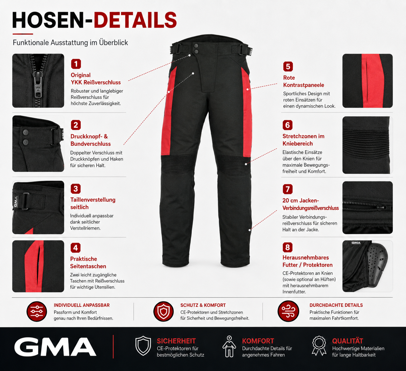 Premium Herren Motorradhose Schwarz Rot mit Protektoren