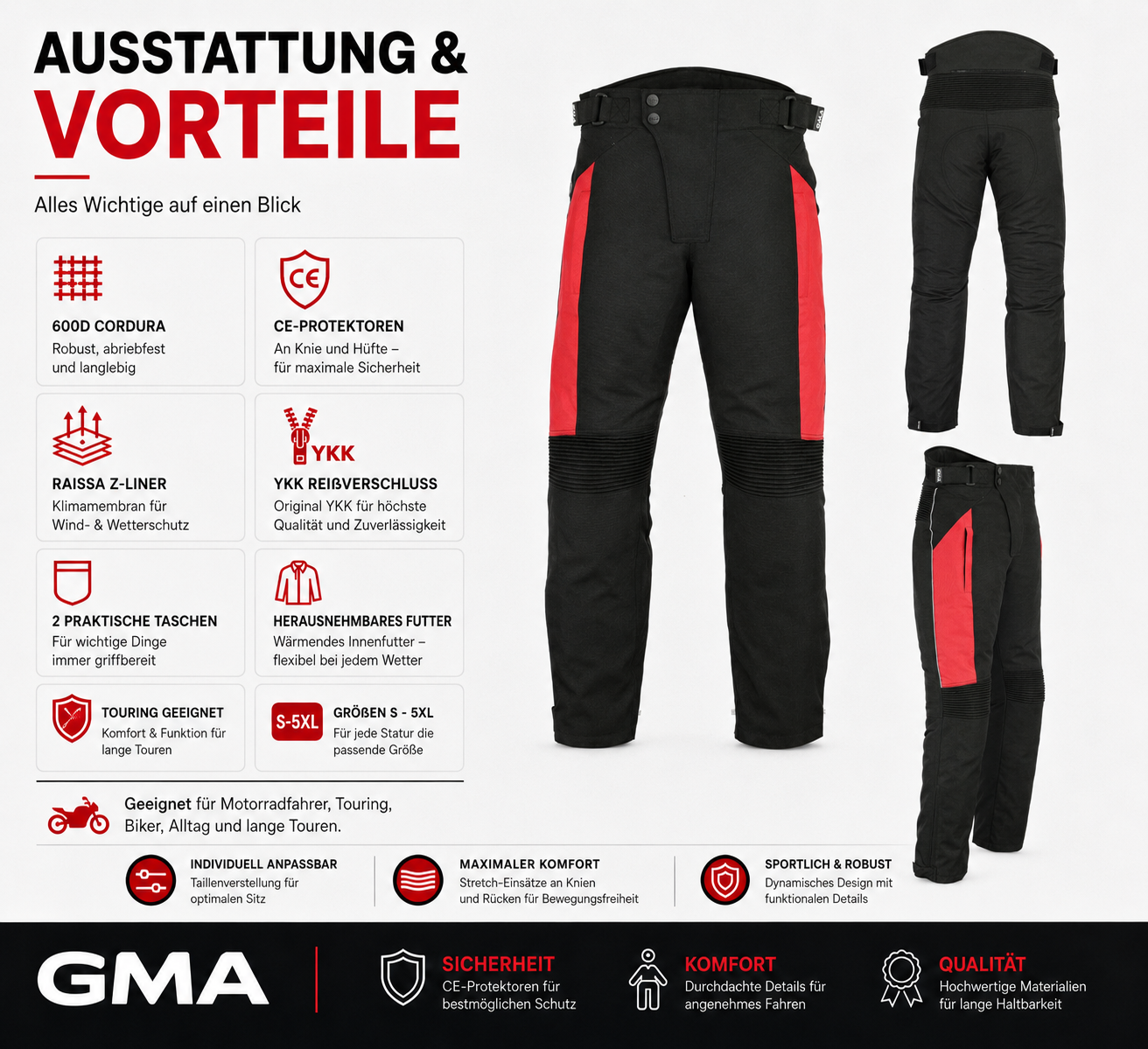 Premium Herren Motorradhose Schwarz Rot mit Protektoren