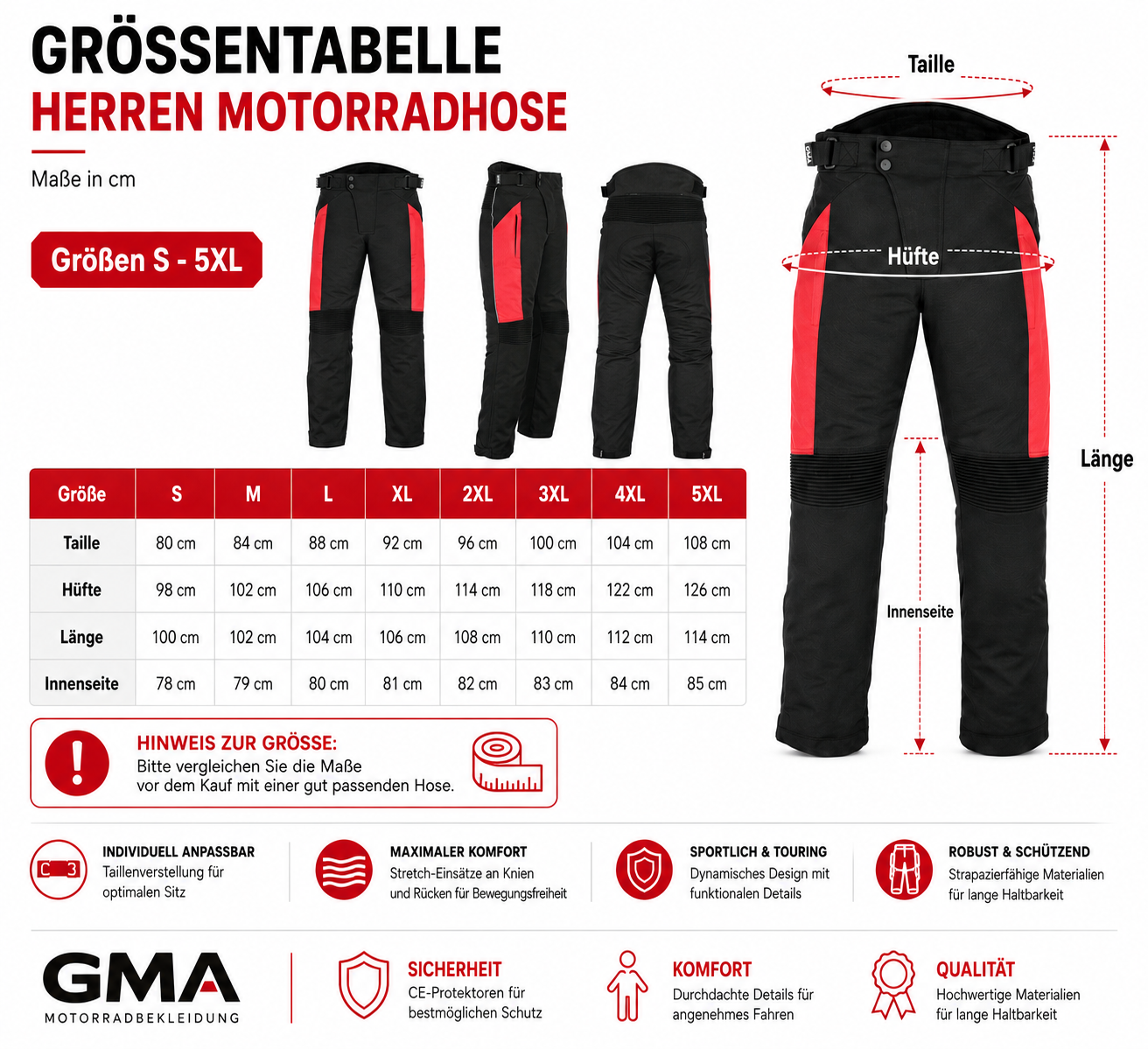 Premium Herren Motorradhose Schwarz Rot mit Protektoren