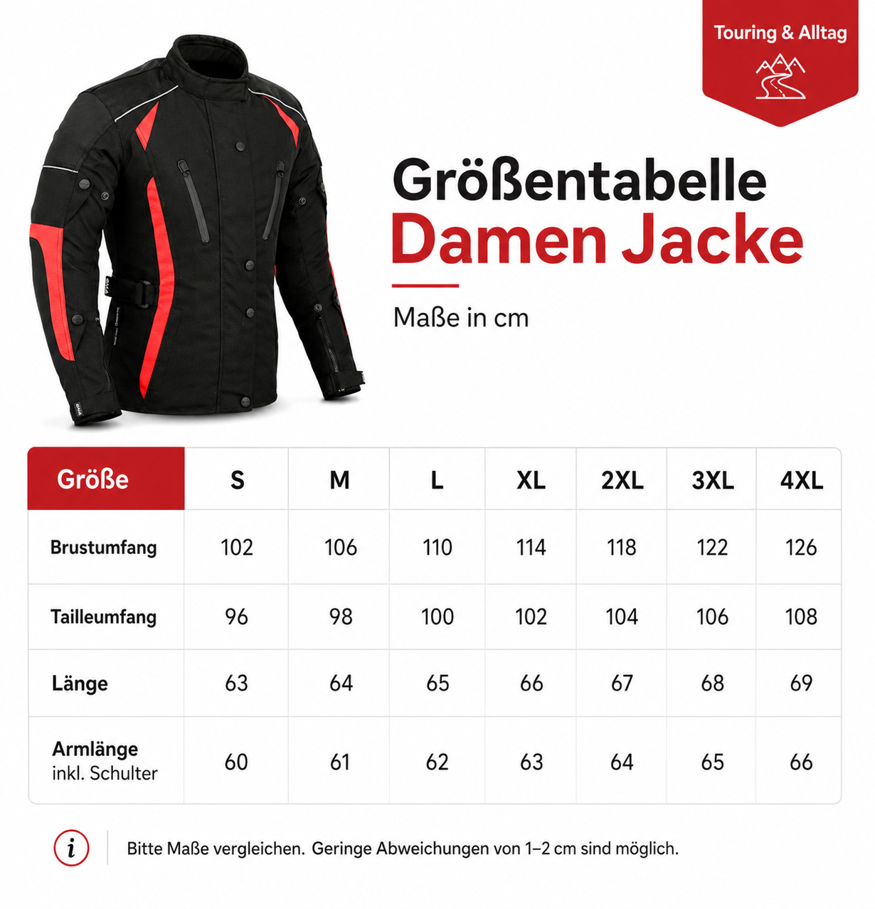 Damen Motorradjacke Schwarz Rot mit Protektoren