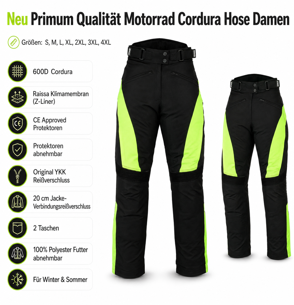 Damen Motorradhose Schwarz Neongelb
