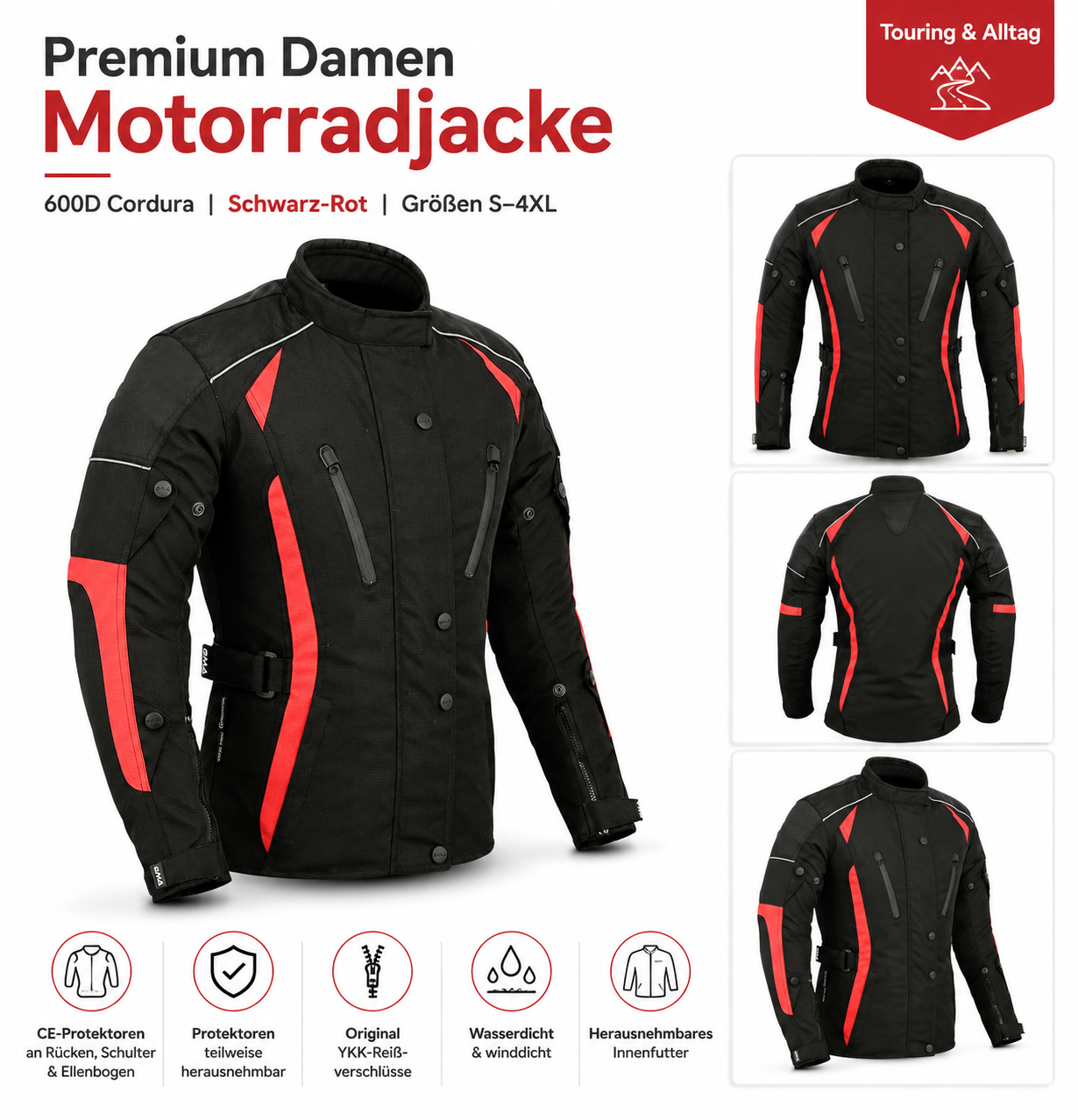 Damen Motorradjacke Schwarz Rot mit Protektoren