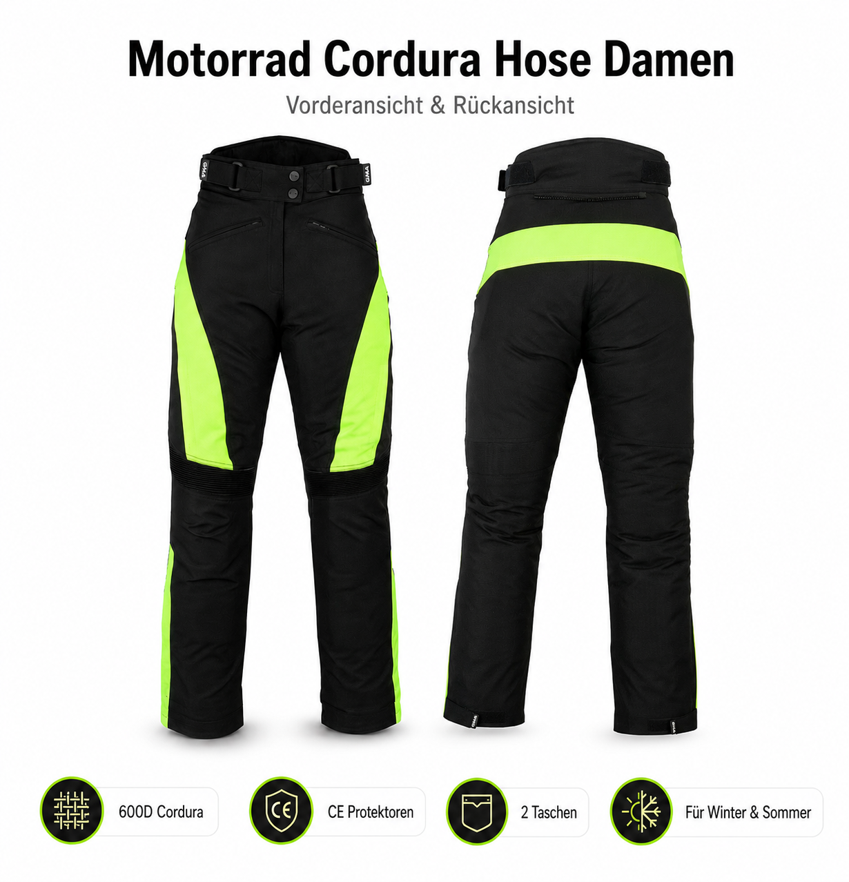 Damen Motorradhose Schwarz Neongelb