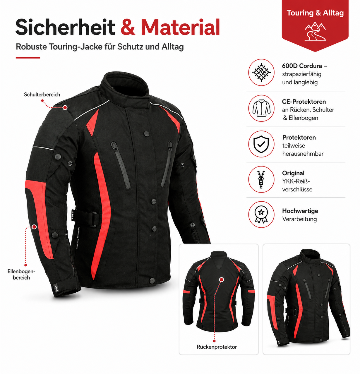 Damen Motorradjacke Schwarz Rot mit Protektoren