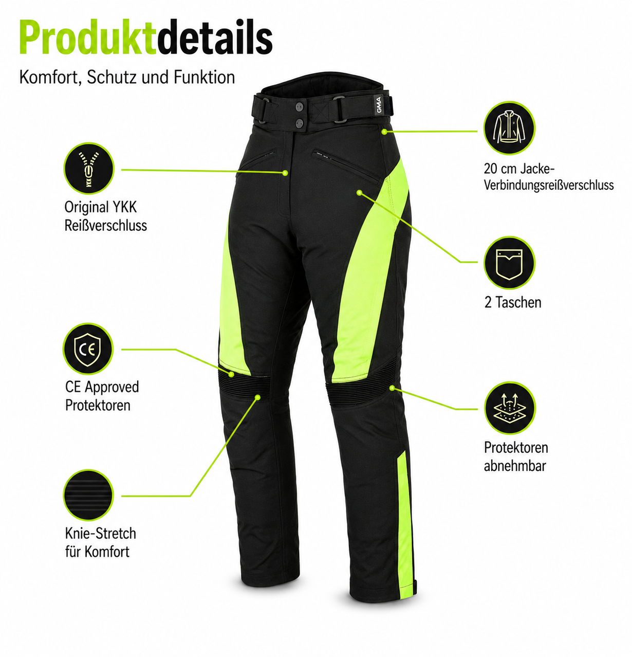 Damen Motorradhose Schwarz Neongelb