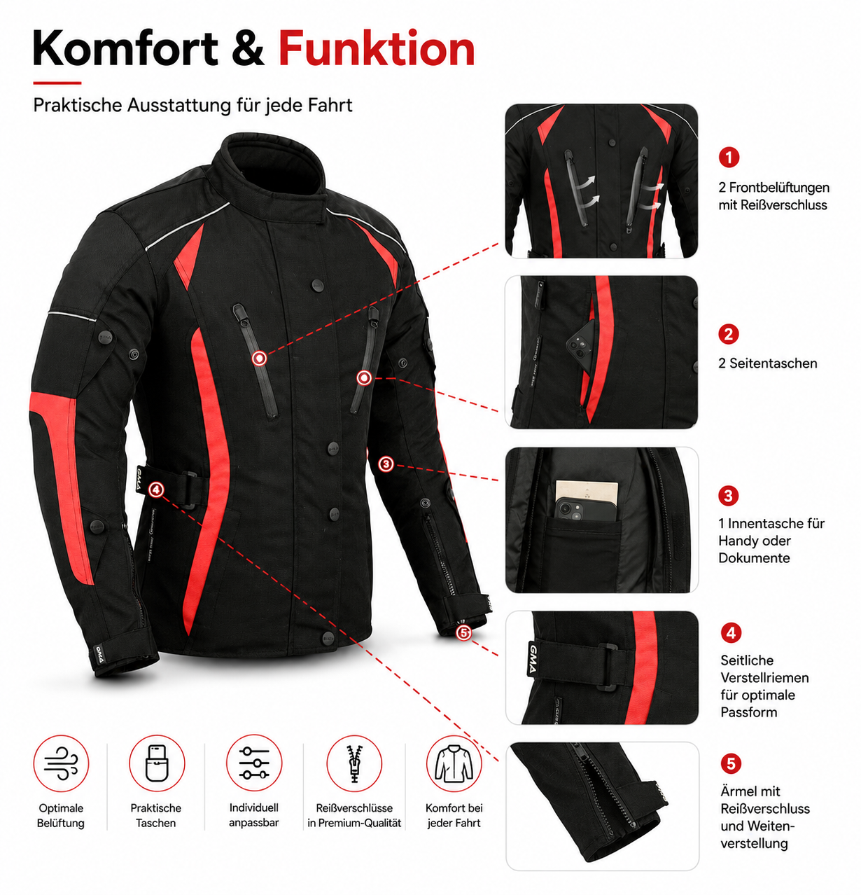 Damen Motorradjacke Schwarz Rot mit Protektoren