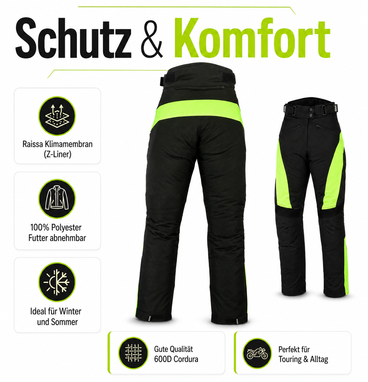 Damen Motorradhose Schwarz Neongelb