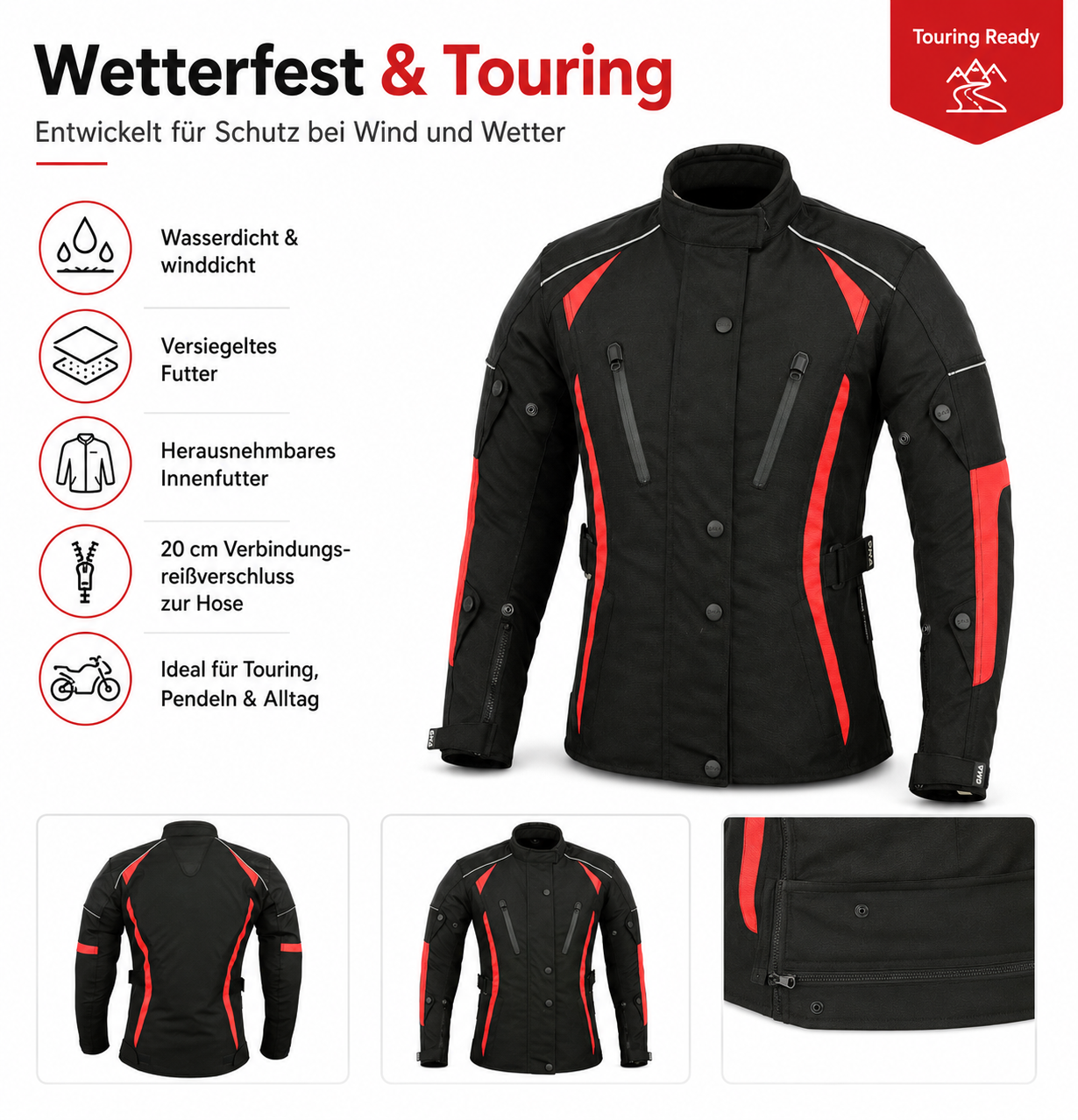 Damen Motorradjacke Schwarz Rot mit Protektoren