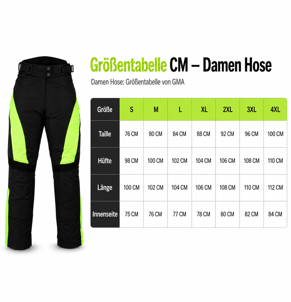 Damen Motorradhose Schwarz Neongelb