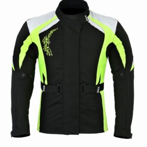 E1 variante Damen Motorradjacke Cordura 600D Schwarz Grün bestickt mit CE Protektoren