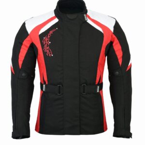 E1 variante Damen Motorradjacke Cordura 600D Schwarz Rot bestickt mit CE Protektoren