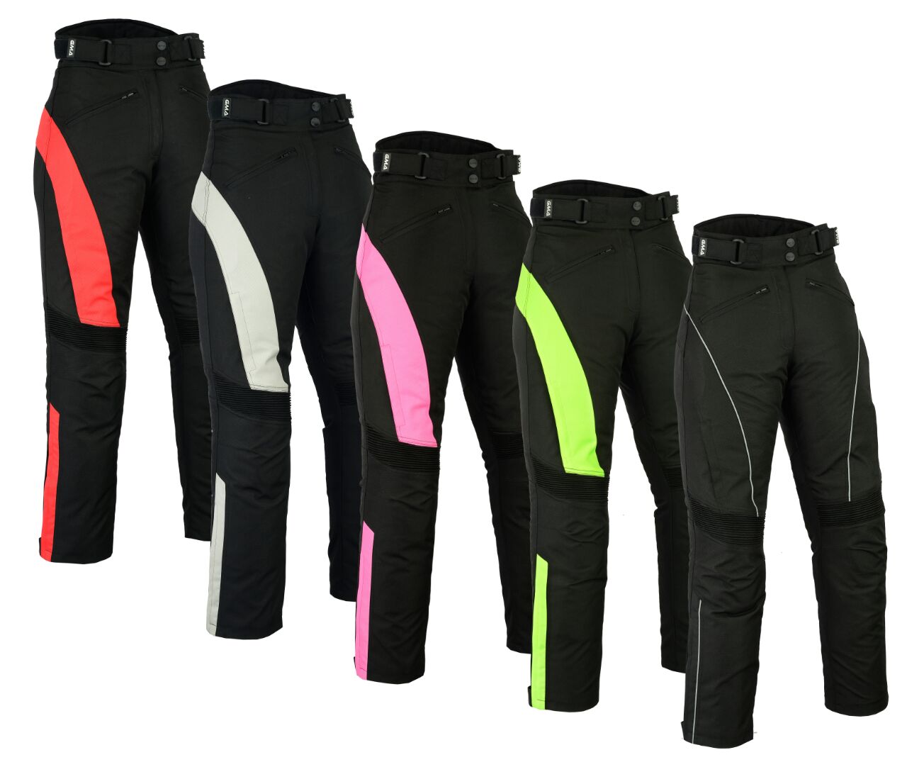 Damen Motorrad Hose 600D Cordura in Schwarz, Pink, Grün, Rot un Weiss, Vorderansicht