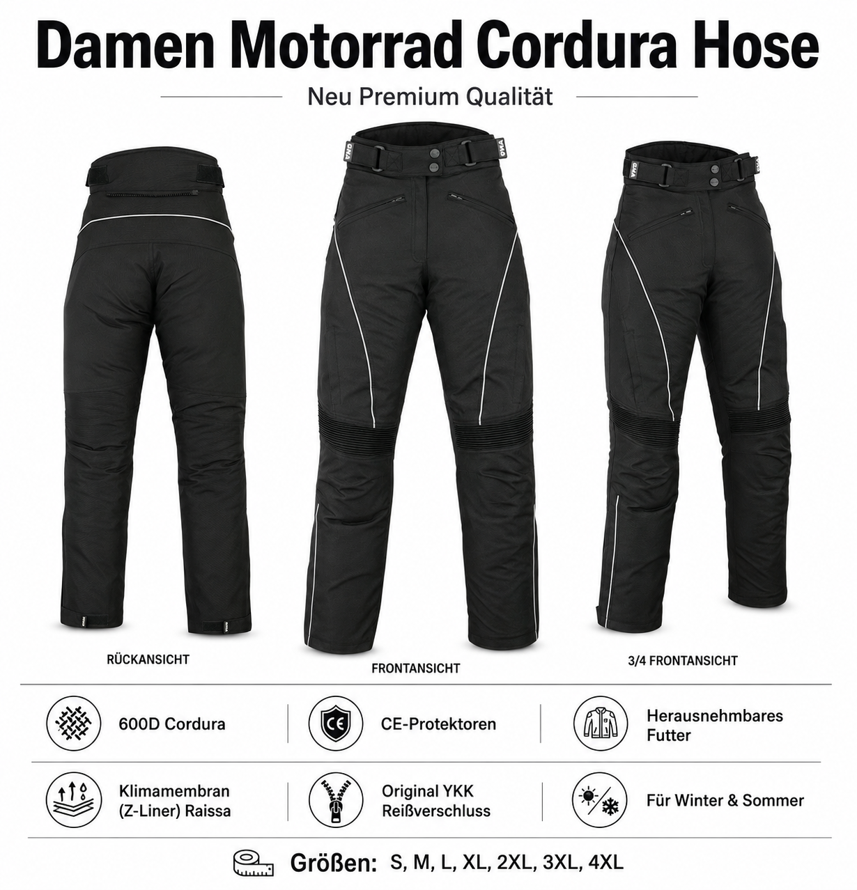 Damen Motorradhose Schwarz