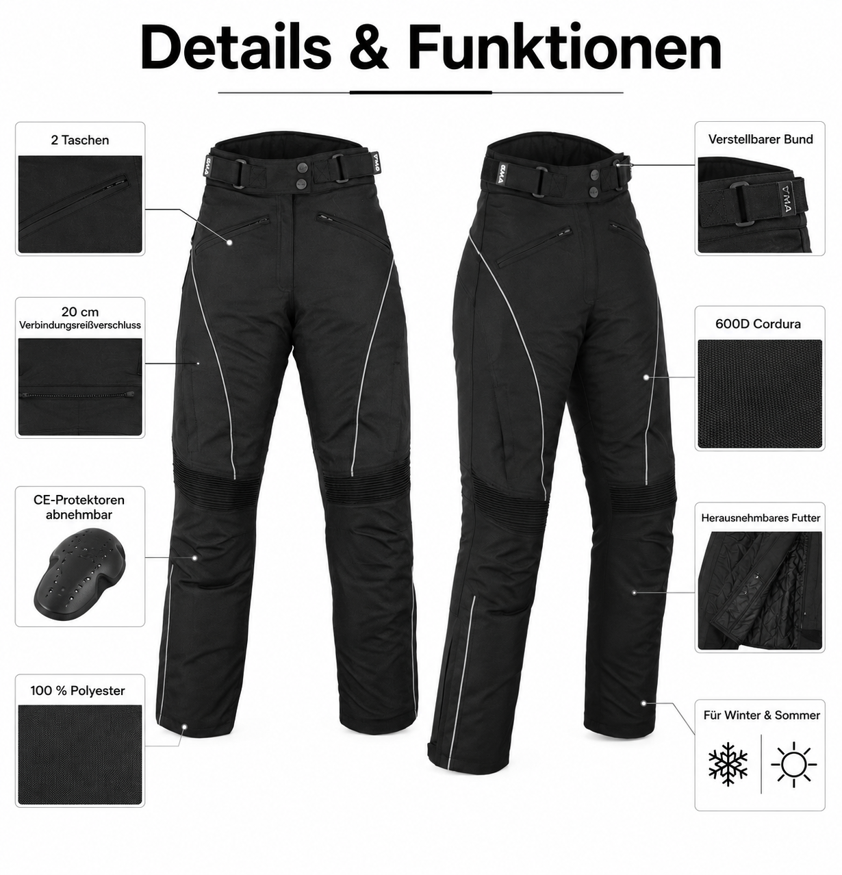 Damen Motorradhose Schwarz