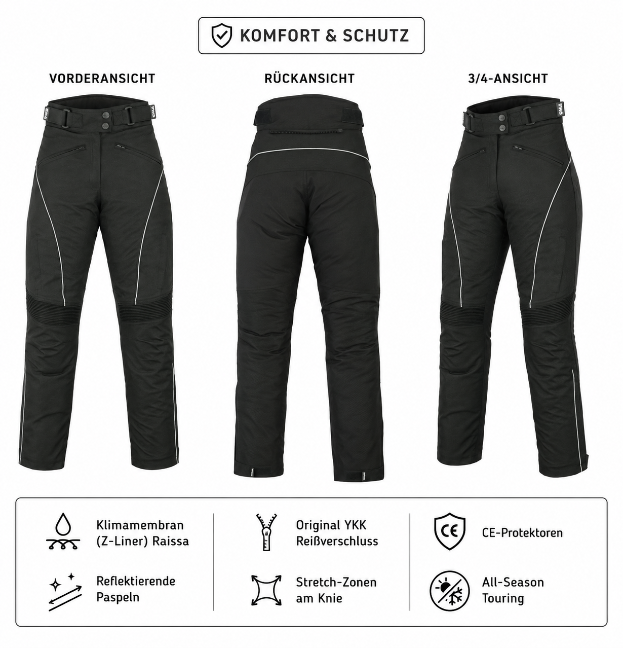 Damen Motorradhose Schwarz