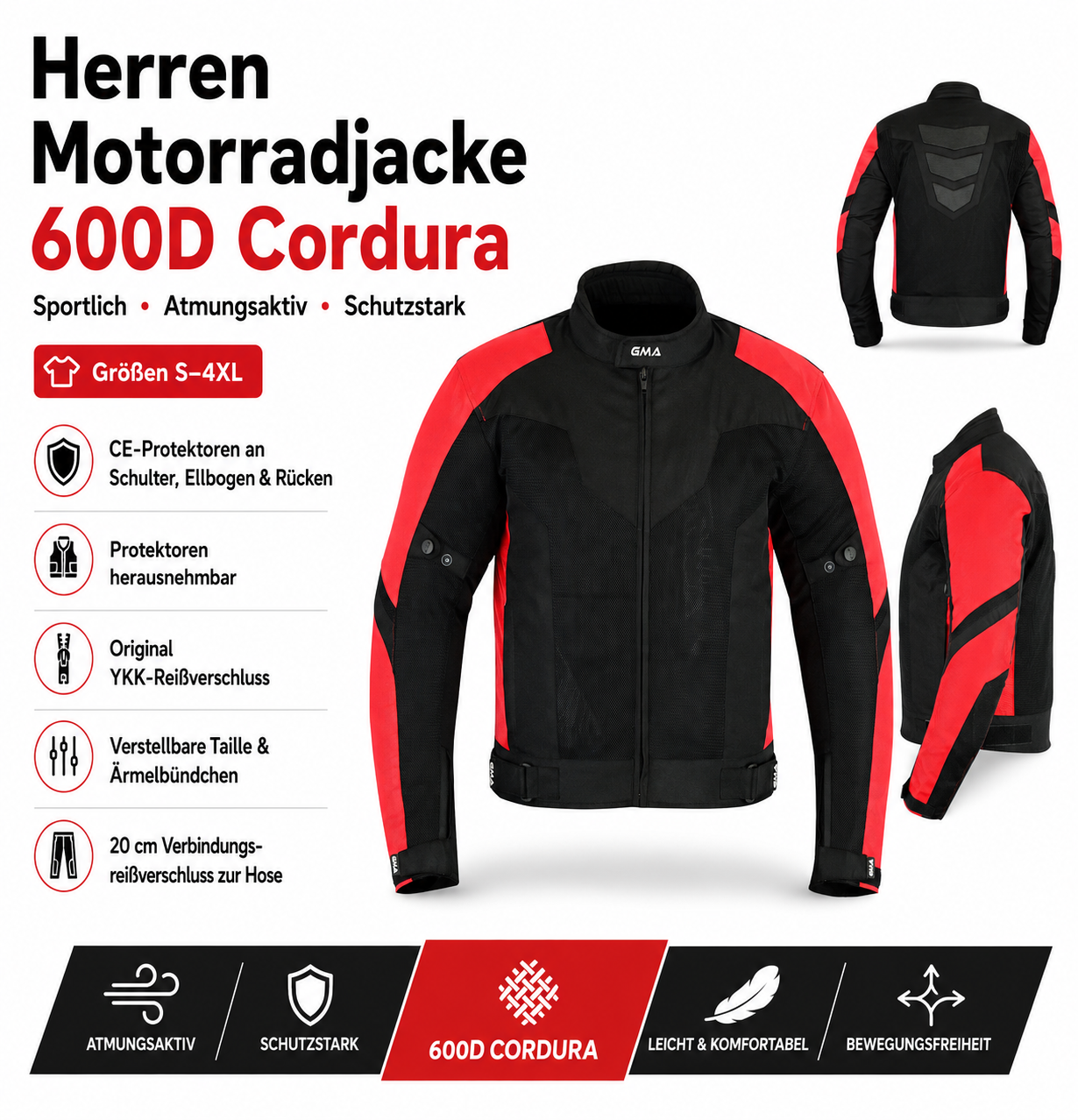 Herren Motorradjacke Schwarz Rot Details