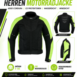 Herren Motorradjacke Schwarz Neon Gelb Überblick