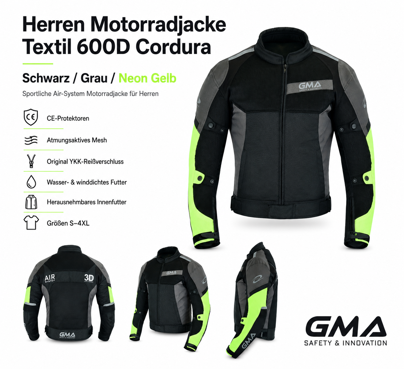 Neu Herren Motorradjacke Schwarz Grau Neon Gelb Biker Textil Motorrad Jacke – Bild 5
