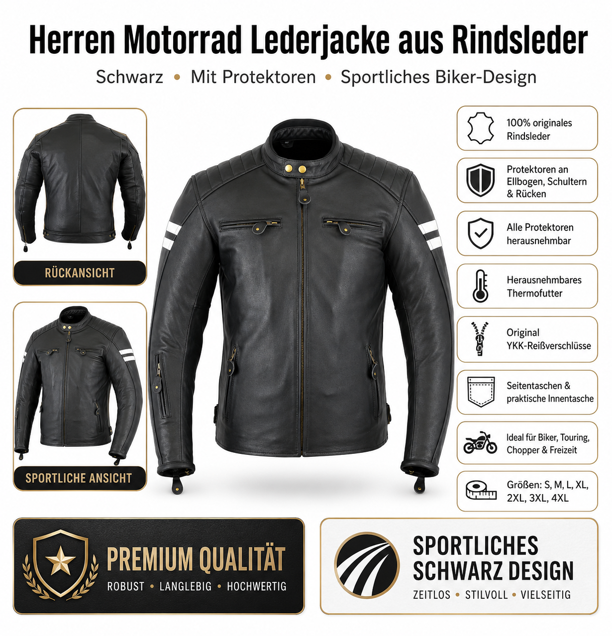 Neu Herren Motorradjacke Schwarz Leder Motorrad Jacke mit weißen Armstreifen – Bild 4