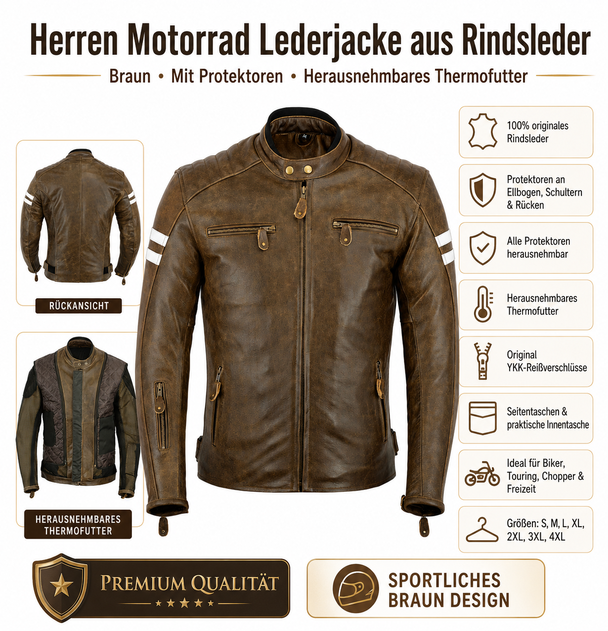 Neu Herren Motorradjacke Braun Leder Motorrad Jacke mit weißen Armstreifen (Kopie) – Bild 4