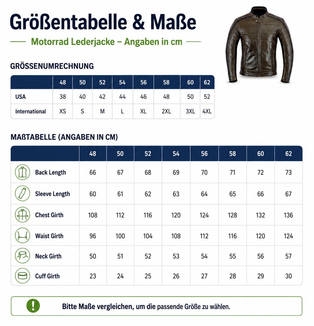 Herren Motorradjacke Biker Motorrad Leder Jacke Sizechart