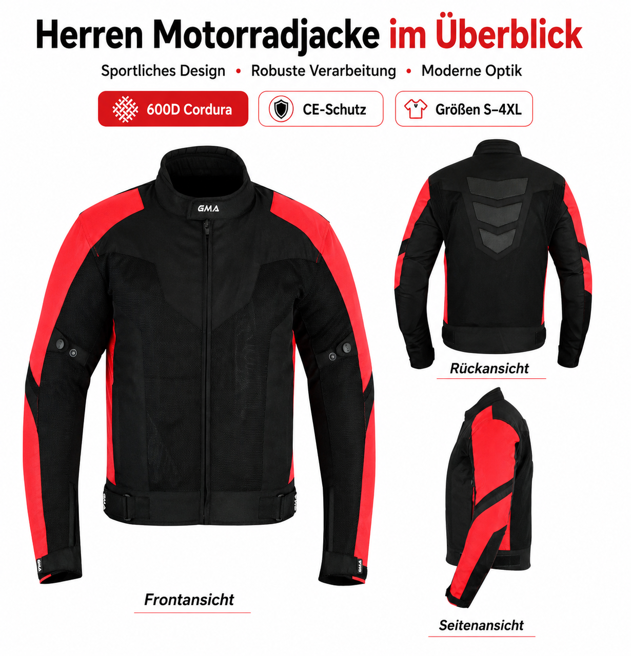 Herren Motorradjacke Schwarz Rot Überblick