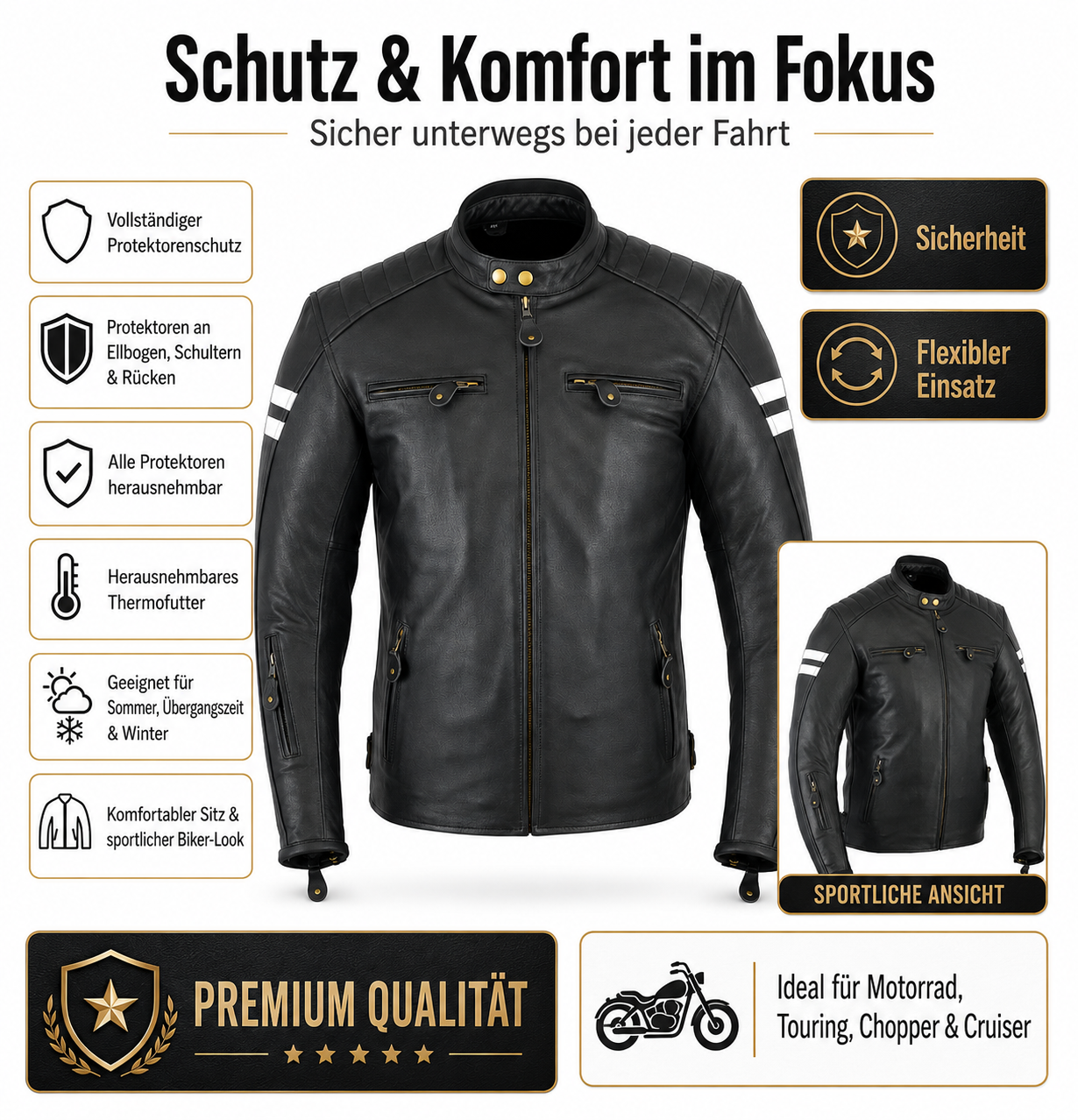 Neu Herren Motorradjacke Schwarz Leder Motorrad Jacke mit weißen Armstreifen – Bild 6