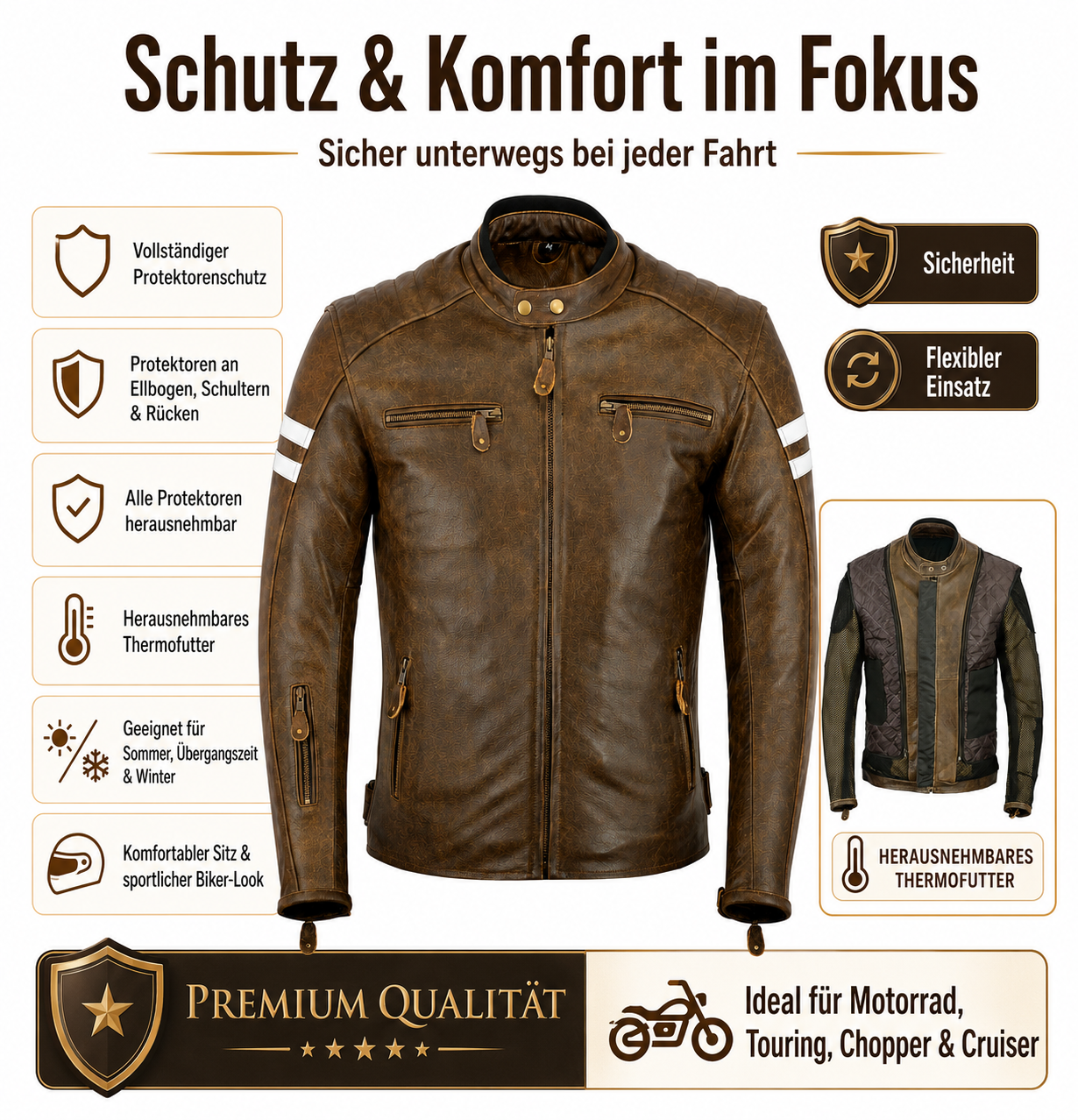 Neu Herren Motorradjacke Braun Leder Motorrad Jacke mit weißen Armstreifen (Kopie) – Bild 5