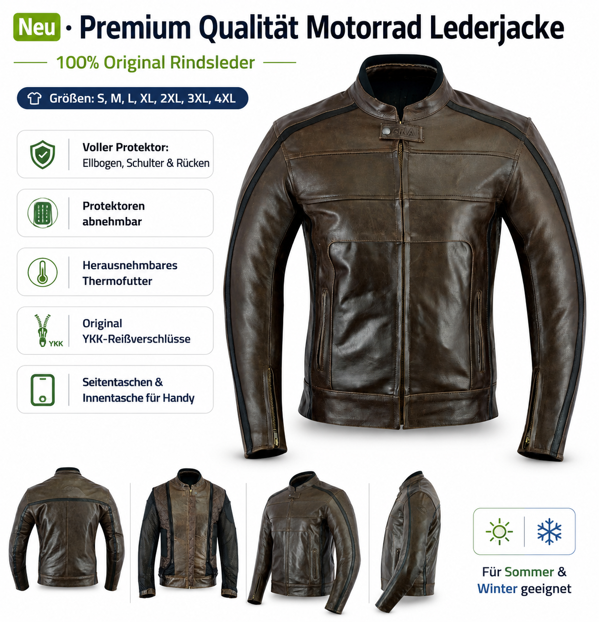 Herren Motorradjacke Biker Motorrad Leder Jacke Details