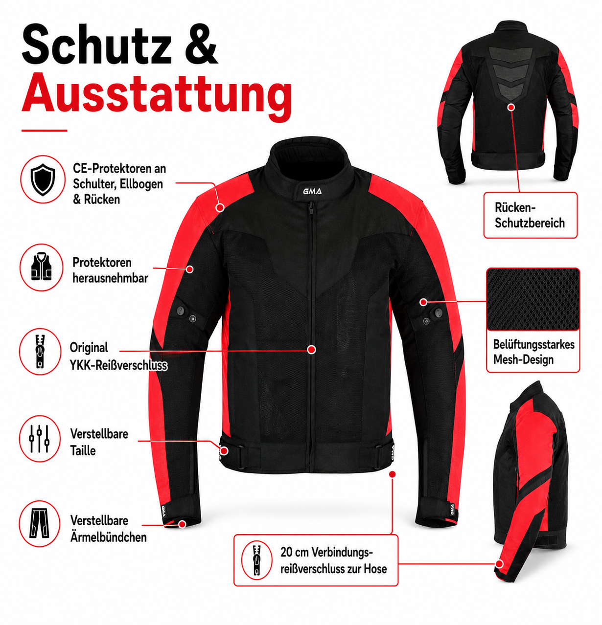 Herren Motorradjacke Schwarz Rot Schutz