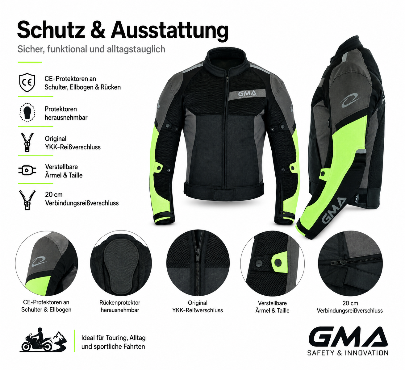 Neu Herren Motorradjacke Schwarz Grau Neon Gelb Biker Textil Motorrad Jacke – Bild 7