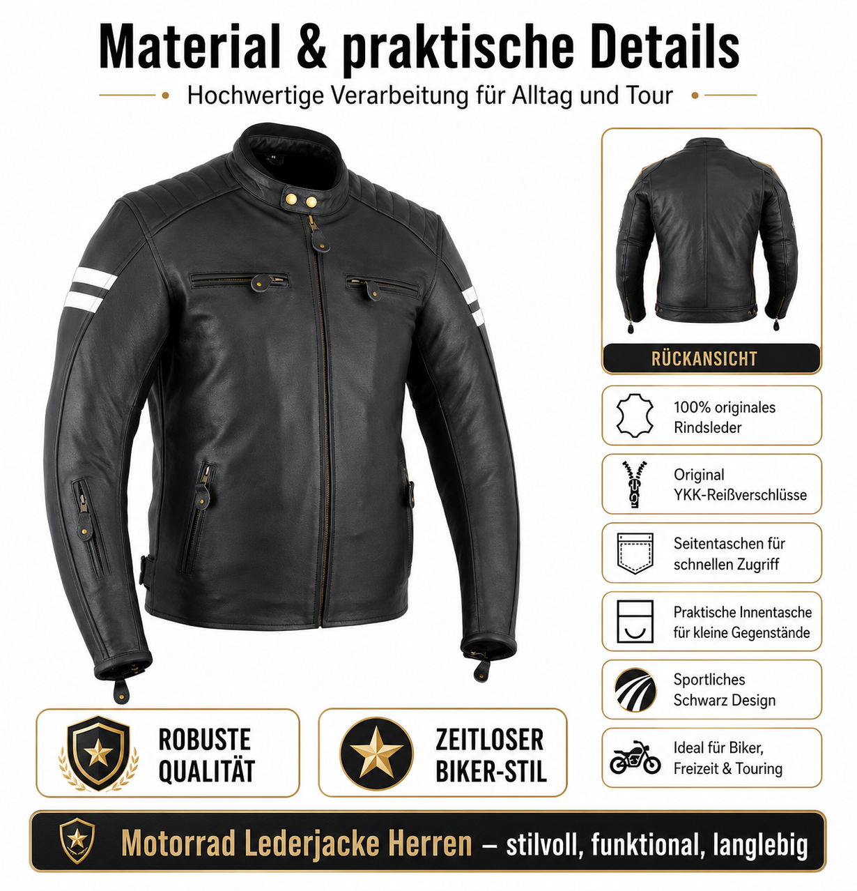 Neu Herren Motorradjacke Schwarz Leder Motorrad Jacke mit weißen Armstreifen – Bild 5