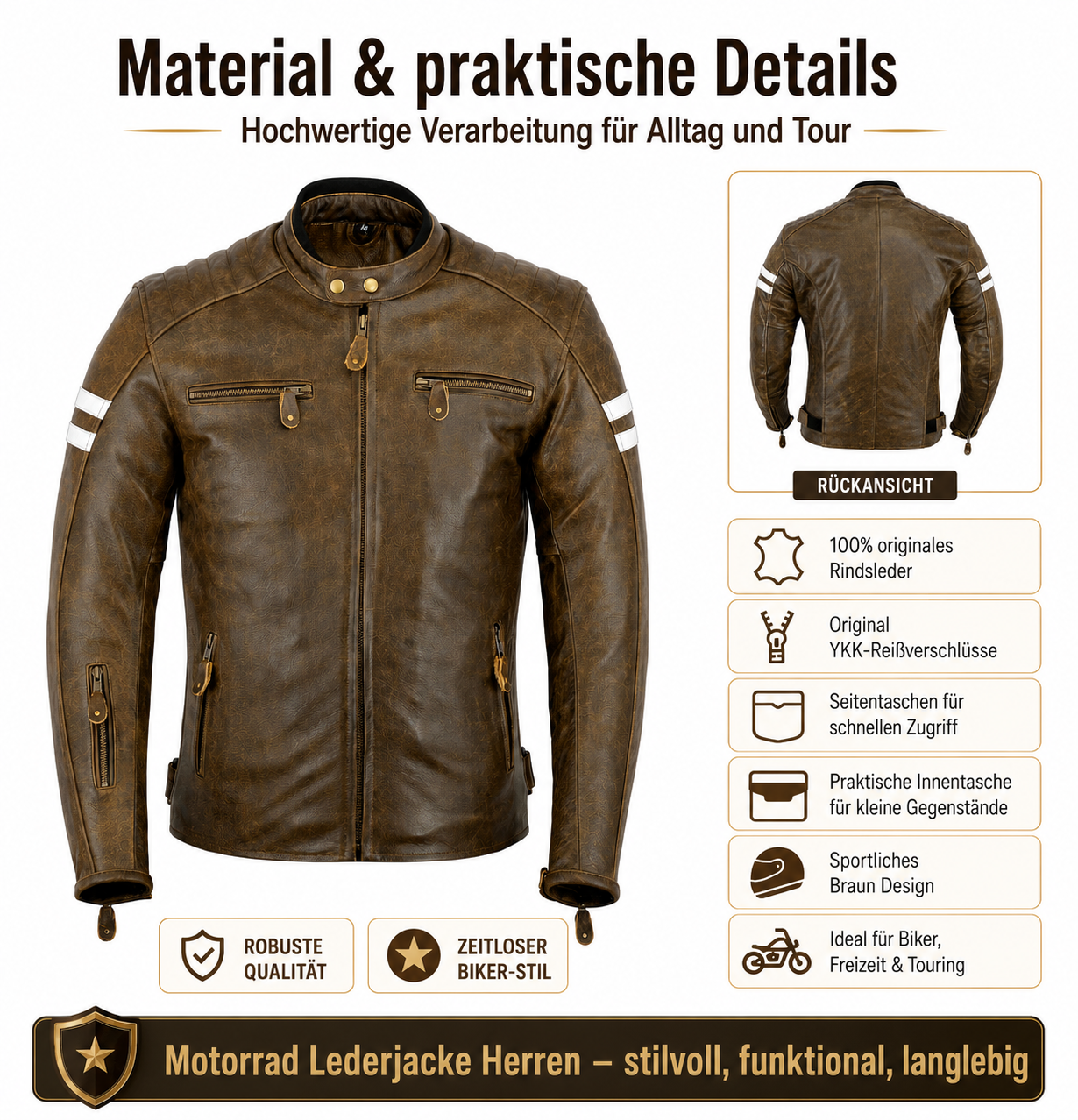 Neu Herren Motorradjacke Braun Leder Motorrad Jacke mit weißen Armstreifen (Kopie) – Bild 6