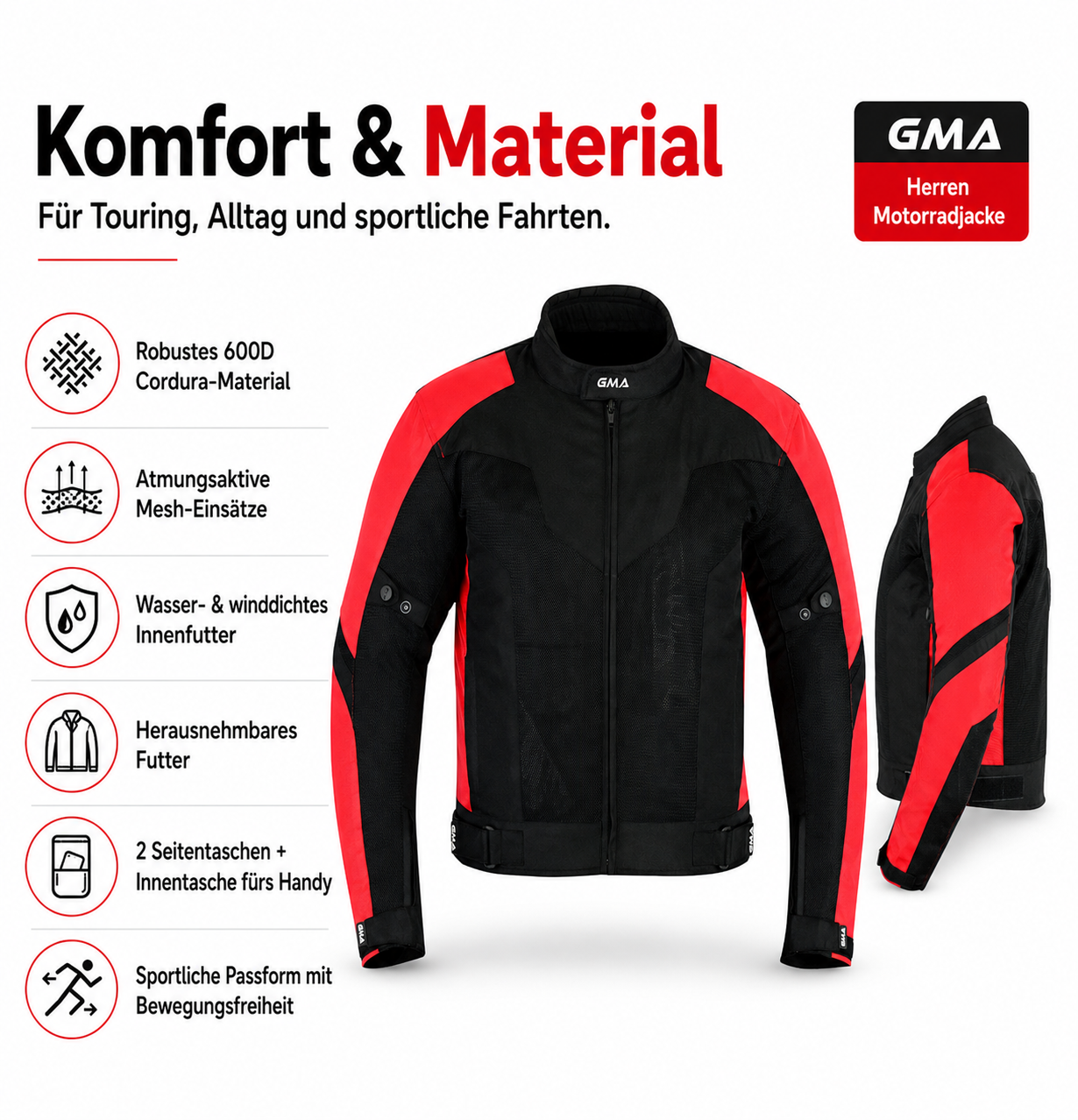 Herren Motorradjacke Schwarz Rot Komfort