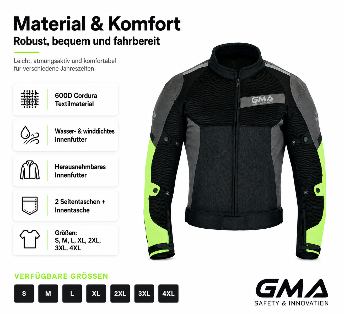 Neu Herren Motorradjacke Schwarz Grau Neon Gelb Biker Textil Motorrad Jacke – Bild 8