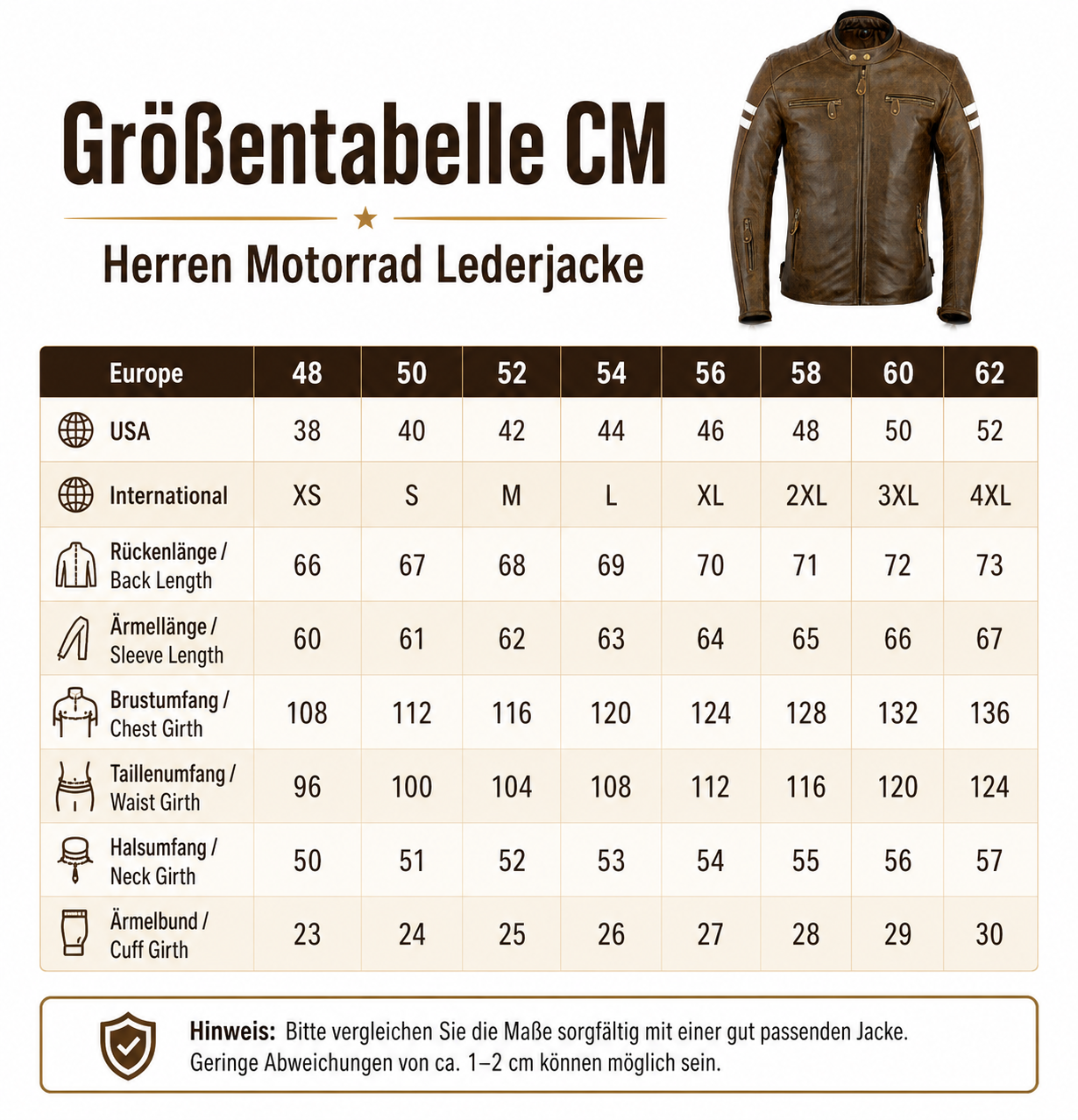 Neu Herren Motorradjacke Braun Leder Motorrad Jacke mit weißen Armstreifen (Kopie) – Bild 7