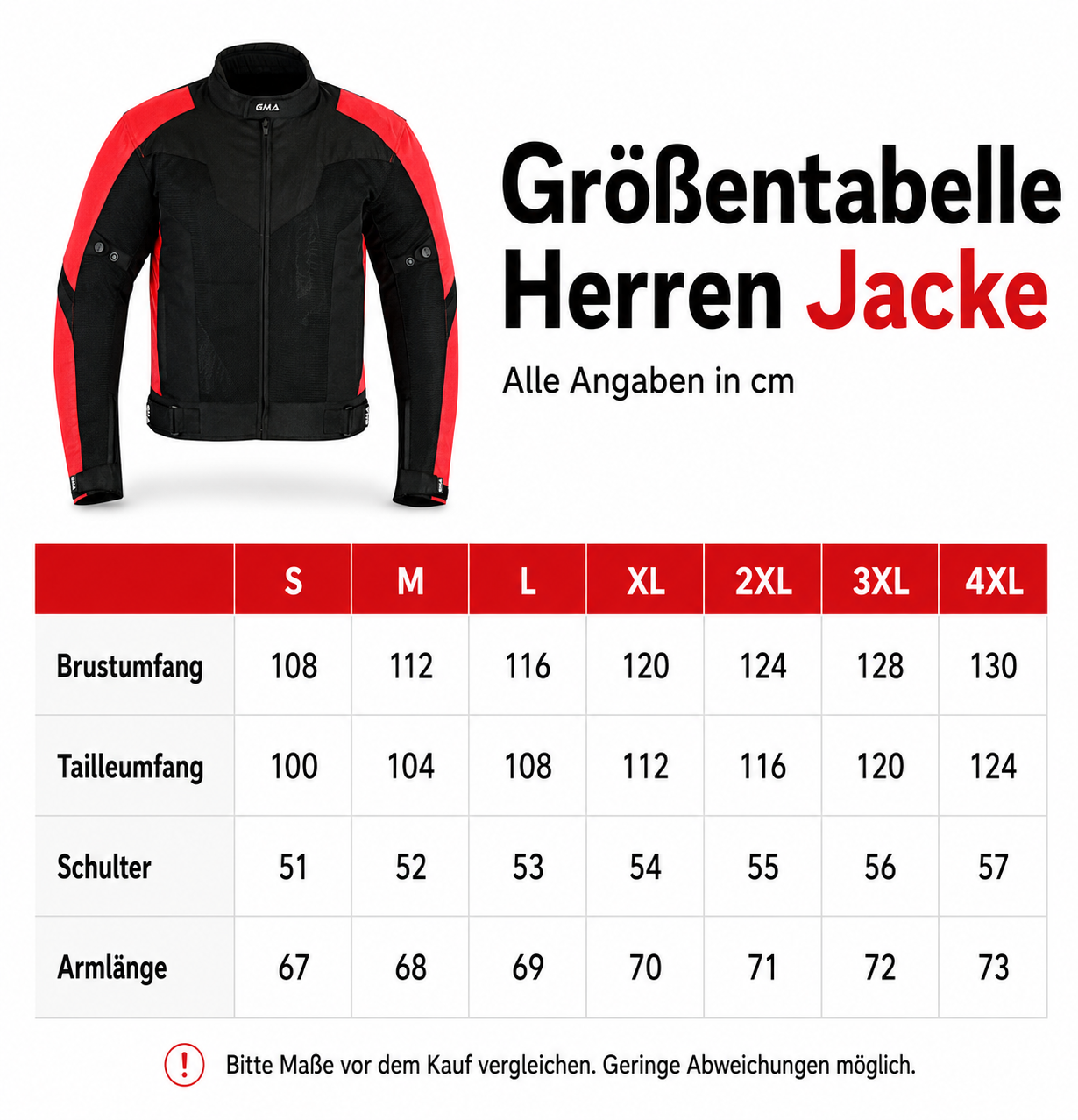 Herren Motorradjacke Schwarz Rot Größentabelle