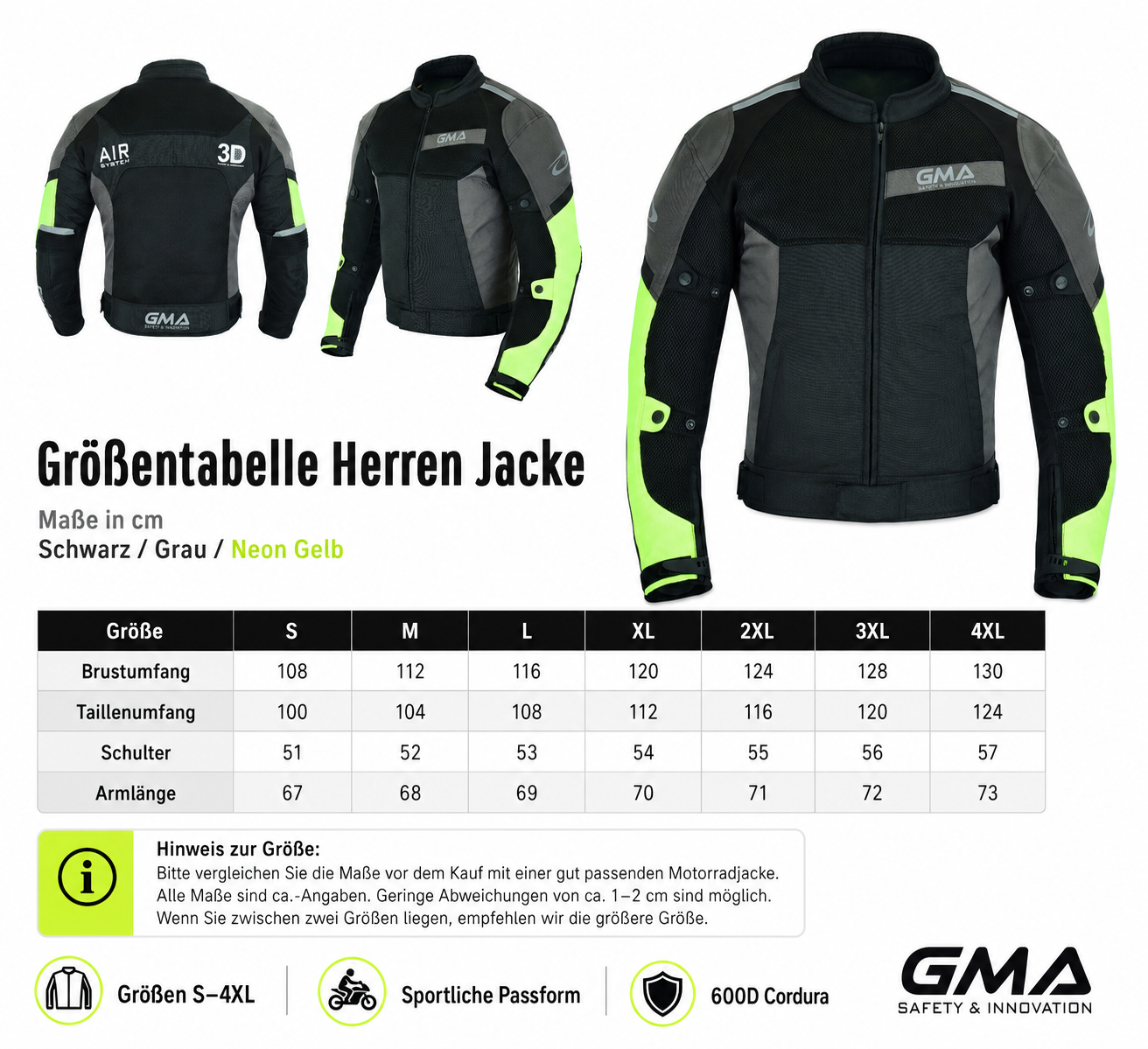 Neu Herren Motorradjacke Schwarz Grau Neon Gelb Biker Textil Motorrad Jacke – Bild 9