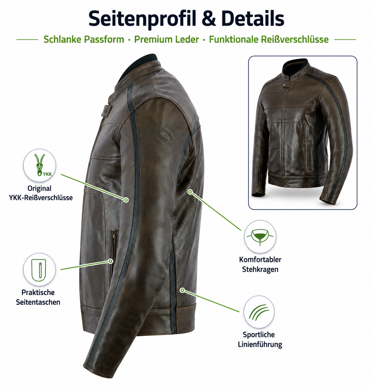 Herren Motorradjacke Biker Motorrad Leder Jacke Seitenprofil