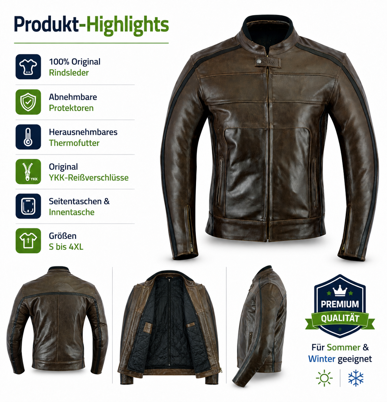 Herren Motorradjacke Biker Motorrad Leder Jacke Highlights
