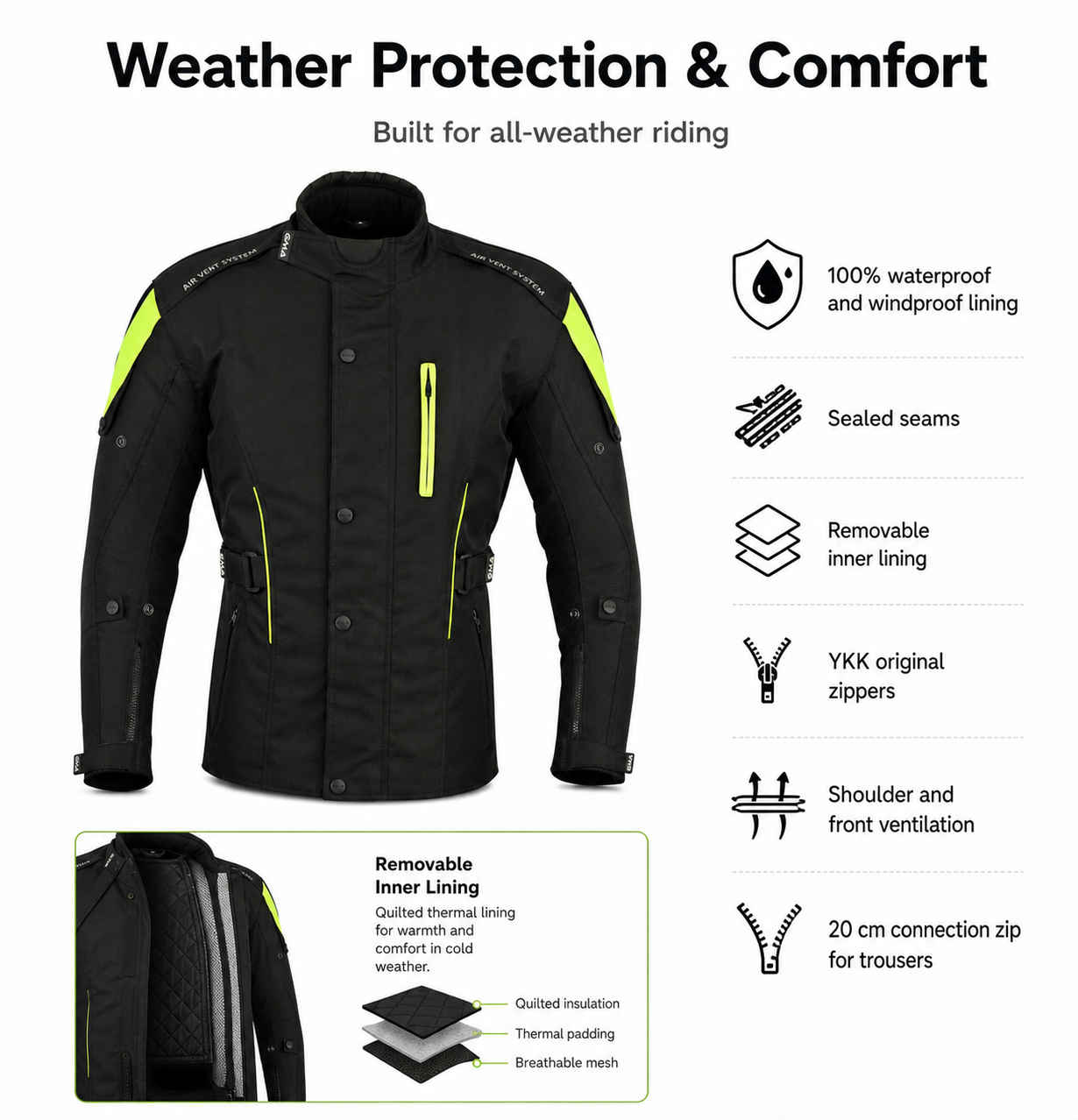 A2 Neu Premium-Qualität Motorrad Cordura Damen Schwarz-Grün Jacke verfpgbar in 3 Farben