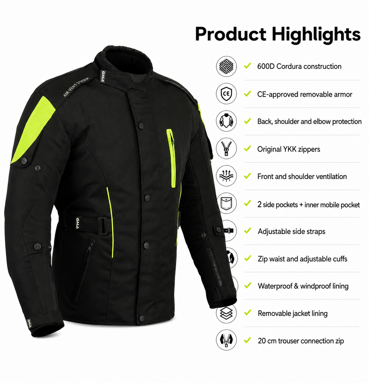 A2 Neu Premium-Qualität Motorrad Cordura Damen Schwarz-Grün Jacke verfpgbar in 3 Farben