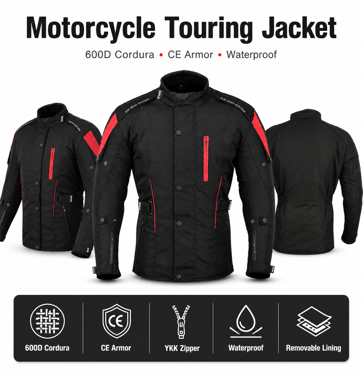 A2 Neu Premium-Qualität Motorrad Cordura Damen Schwarz-Rot Jacke verfpgbar in 3 Farben