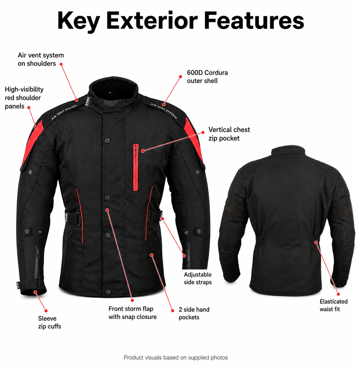 A2 Neu Premium-Qualität Motorrad Cordura Damen Schwarz-Rot Jacke verfpgbar in 3 Farben