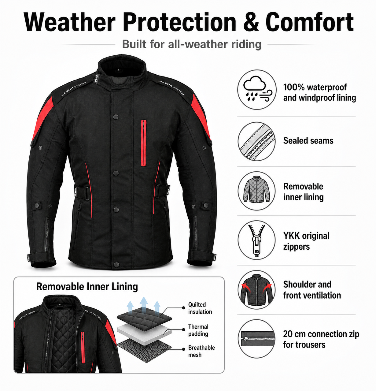 A2 Neu Premium-Qualität Motorrad Cordura Damen Schwarz-Rot Jacke verfpgbar in 3 Farben