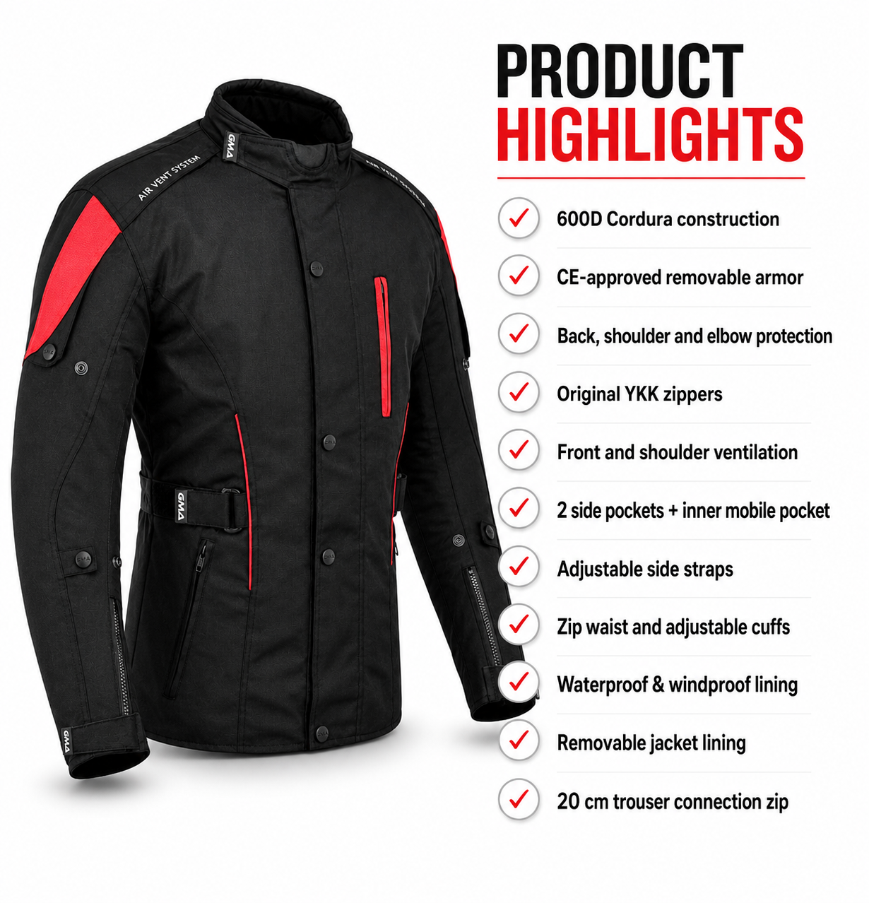A2 Neu Premium-Qualität Motorrad Cordura Damen Schwarz-Rot Jacke verfpgbar in 3 Farben