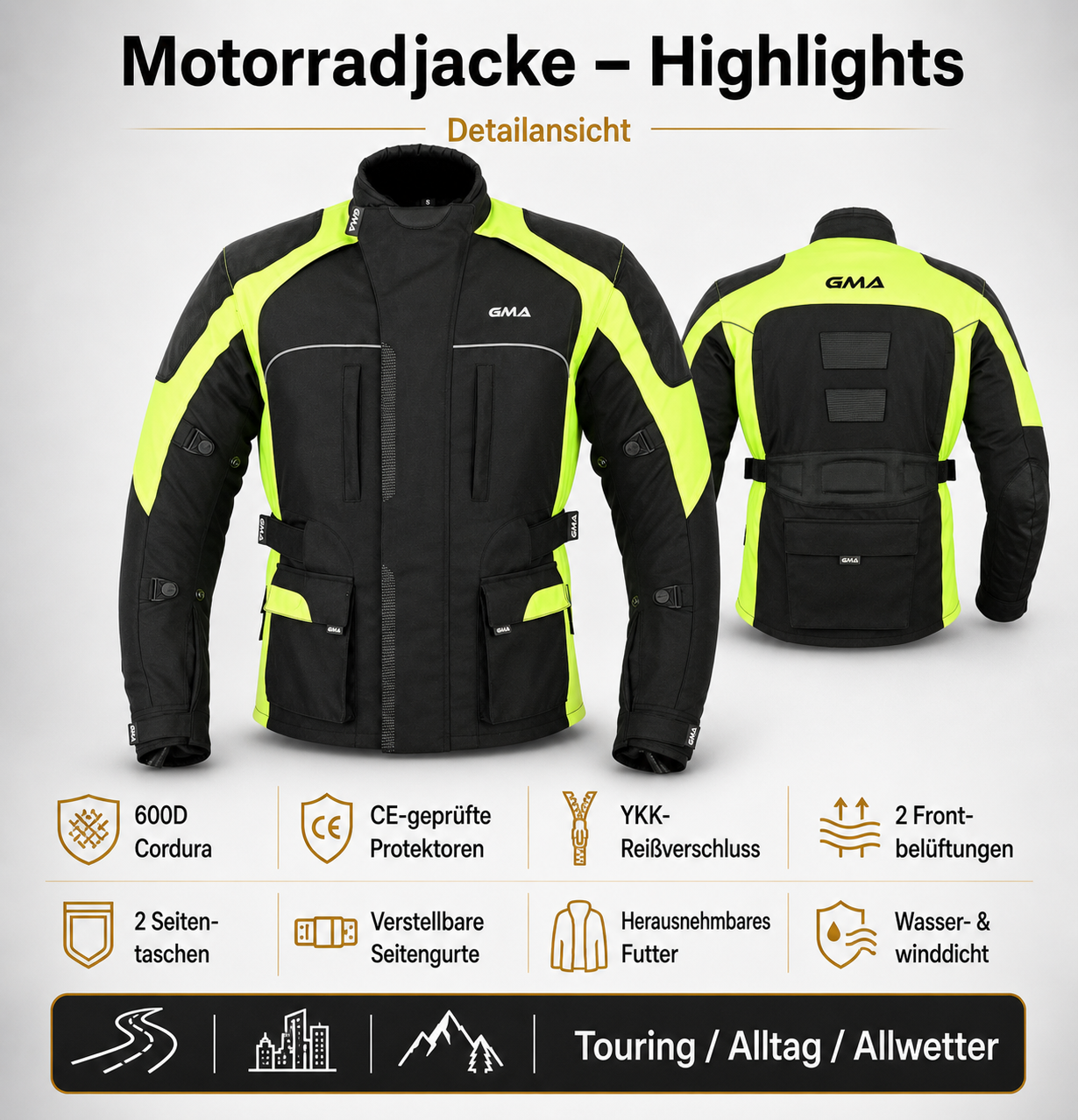 Neu Premium Herren Motorradjacke Schwarz Neon Gelb Biker Textil Motorrad Jacke A3 Details